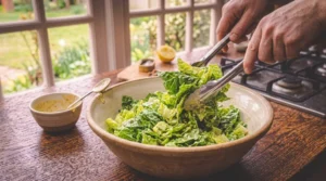A person uses metal tongs to toss chopped romaine lettuce with creamy caesar dressing in a large ceramic mixing bowl on a rustic wooden table. A bowl of leftover dressing, a lemon, and a stovetop sit in the background against a bright window.