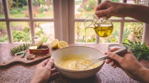 A person whisks a creamy yellow dressing in a ceramic bowl while using a small pitcher to slowly pour in a steady stream of golden olive oil. A wooden board with a tin of Ortiz anchovies, mashed paste, lemons, and fresh herbs rests on the rustic table against a bright window.