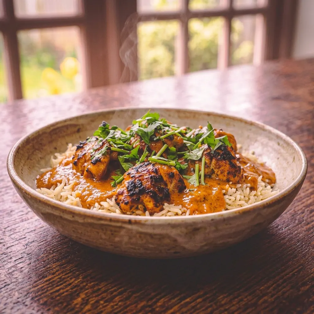 A close-up shot of a ceramic bowl filled with fluffy rice topped with charred chicken pieces and rich, bubbling orange butter chicken sauce, garnished with fresh chopped cilantro, resting on a rustic wooden table with a softly blurred window in the background.