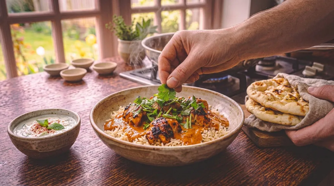 A person's hand adds fresh cilantro leaves as a garnish to a bowl of butter chicken over rice, with a bowl of raita and warm naan bread wrapped in a cloth nearby on a rustic wooden table.